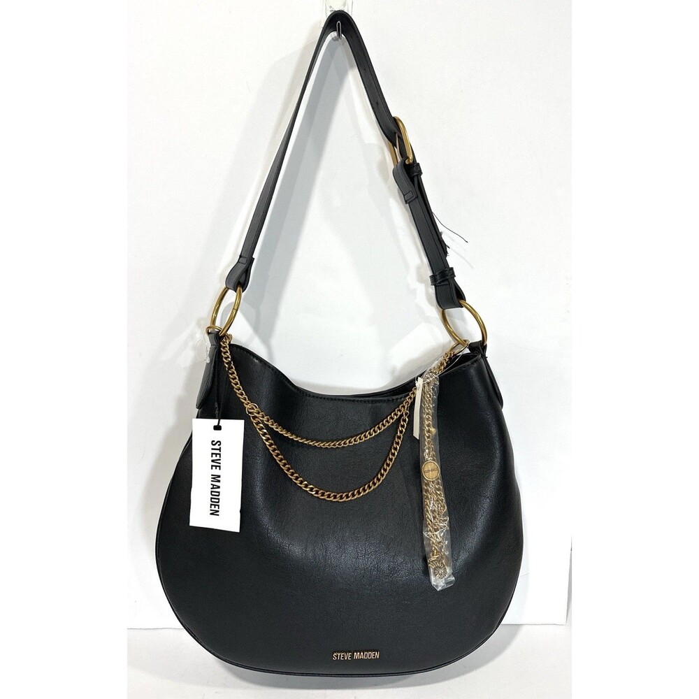 Steve Madden Black Faux Leather Hobo Shoulder Bag Gold Chain NWT MSRP $118